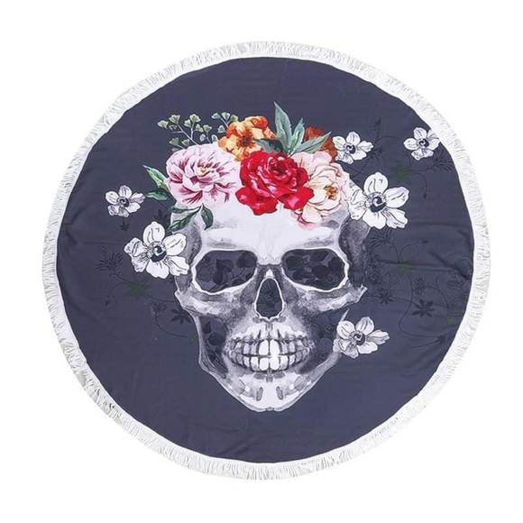 Round Pool Towel Skull Roses With Fringe 59 In - Picture 2 of 6